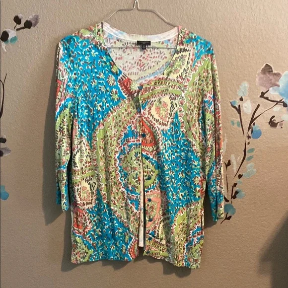Talbots Blue and Green Paisley Cardigan - Picture 2 of 5